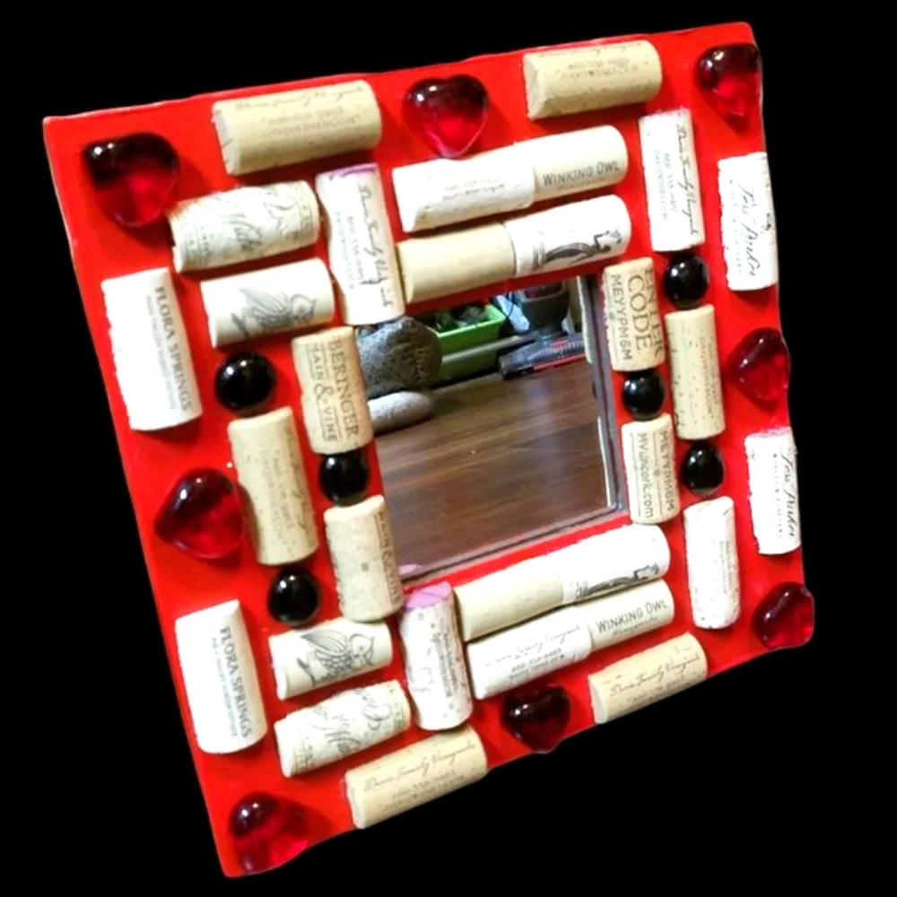Red Heart and Red Glass Cabochons Mirror Decor with Wine Cork-NWT-Handmade